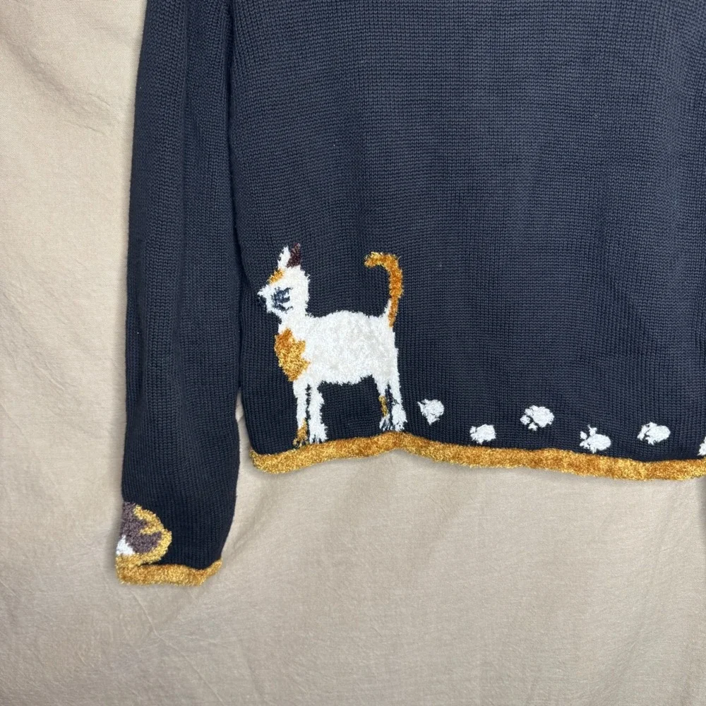 GrandmaCore Cat Zip Up Cardigan Black Hand Embroidered Fuzzy Medium - Picture 7 of 8